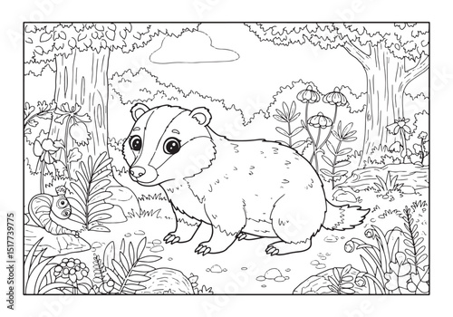 Adorable Badger in Forest Coloring Page for Kids and Creative Fu