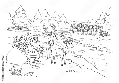 Santa Claus with reindeers delivering gifts to children, colorin