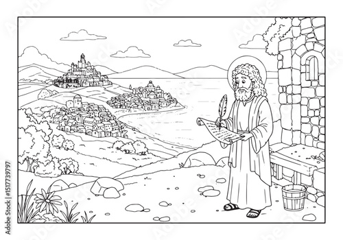 The Revelation on Patmos, A Coloring Book Illustration of Saint