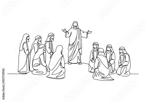 Continuous Line Drawing of Jesus Delivering the Sermon on the Mo