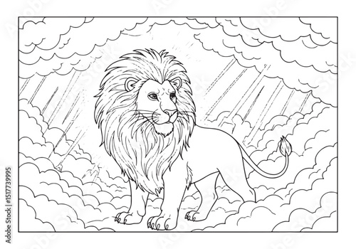 Radiant Lion of Judah, An intricate coloring book page illustrat
