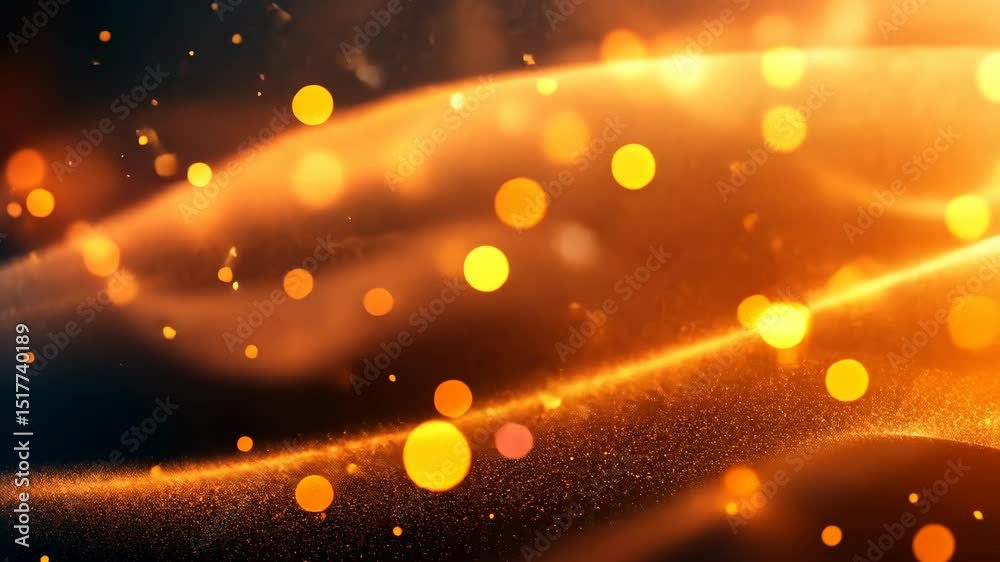 Abstract fiery orange and gold particles and bokeh lights swirling in dark background