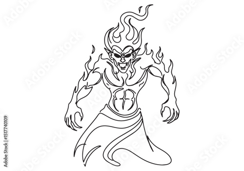 Fierce fiery demon in continuous line drawing illustration desig