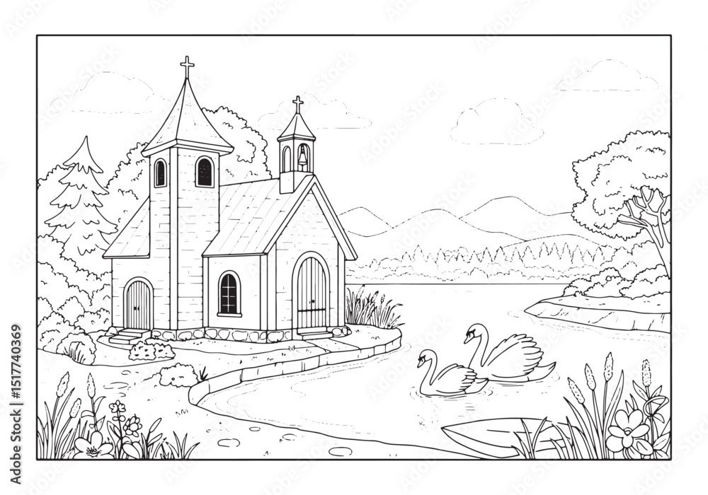 Fototapeta premium Serene Chapel Landscape with Swans, A Detailed Coloring Book Pag