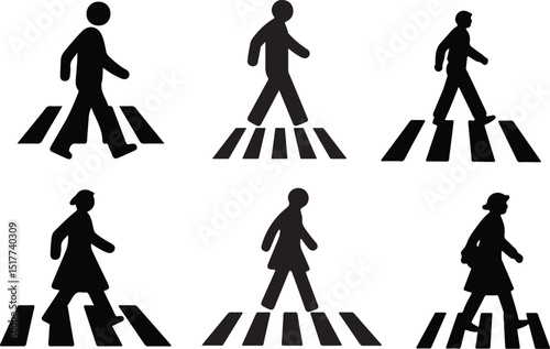 Four Pedestrian Crossing Signs in Black and White