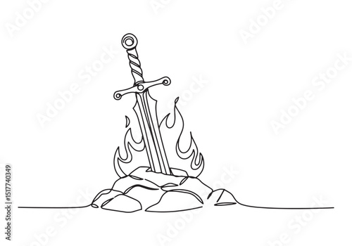 Minimalist one-line drawing of flaming sword stuck in stone artw