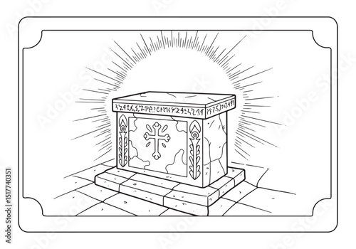 Mystical Stone Altar with Glowing Aura, Coloring Book Style Illu