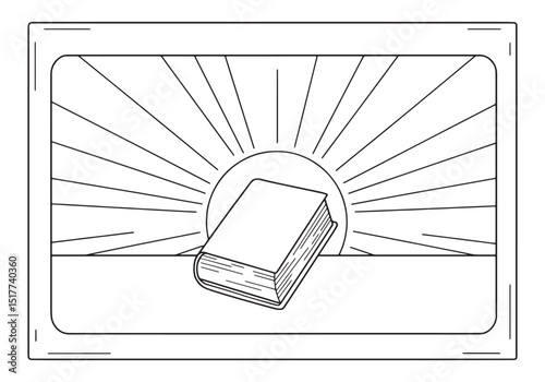 Detailed coloring book page illustration of a book against a ris