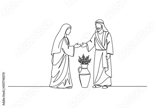 Mary Magdalene Recognizes Jesus after Resurrection in Line Art S