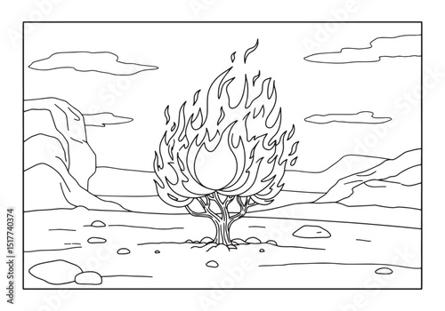 Burning Bush Illustration, Black and White Coloring Book Style D