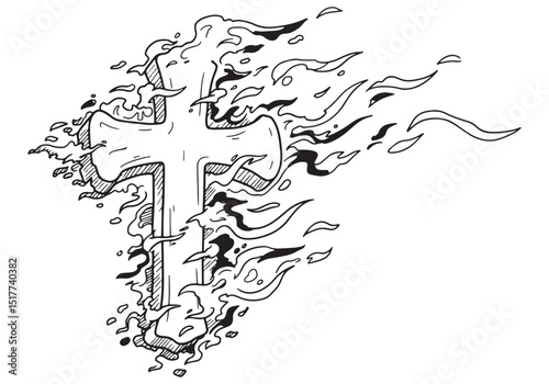 Stylized fiery cross illustration for coloring book or education