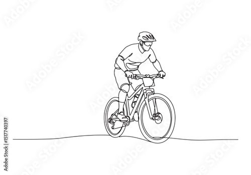 Single Line Illustration of a Man Riding a Mountain Bike Outdoor