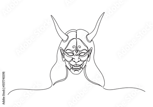 Elegant Continuous Line Drawing of a Female Japanese Oni Mask