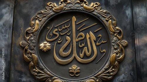 Islamic art featuring intricate calligraphy of Allahs name on an ornate plaque