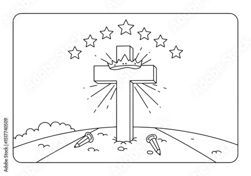 Elegant Black and White Illustration, Cross with Crown in a Colo