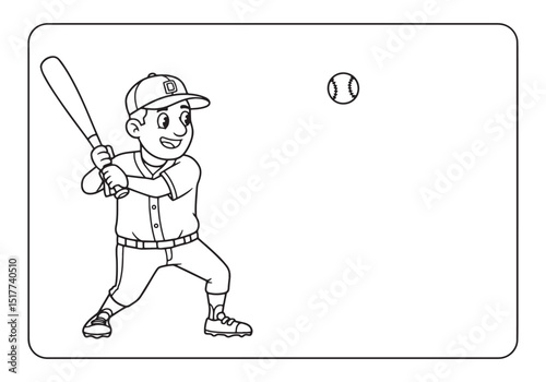 Line art illustration of a young baseball player swinging a bat