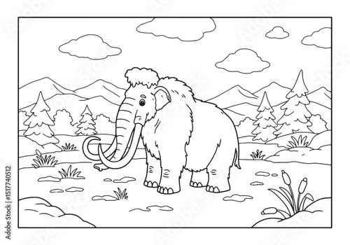 Detailed Woolly Mammoth Coloring Page in Natural Habitat Illustr