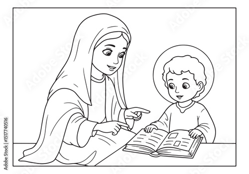 Mary teaching little Jesus from a coloring book, black and white