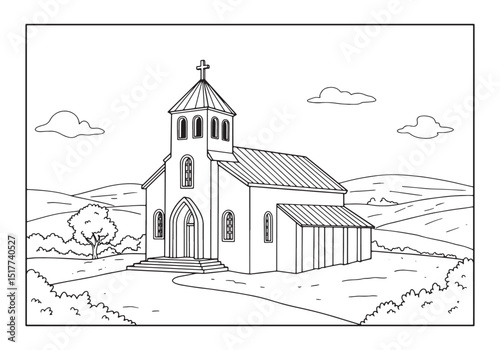 Tranquil Church Scene in Black and White Coloring Book Style Ill