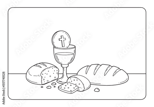Elegant Line Art of Bread and Wine for Coloring Book Page Illust