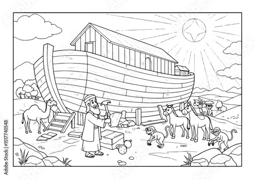 Noah's Ark Construction, Coloring Page with Animals Illustration