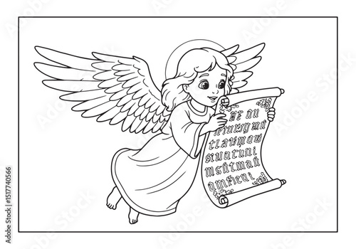 Delightful angel descends with an ancient scroll ready for color
