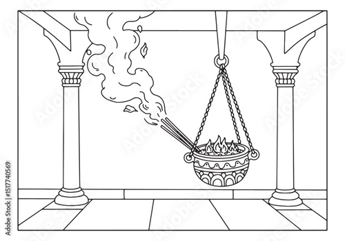 A contemplative space featuring a burning censer, rendered as a