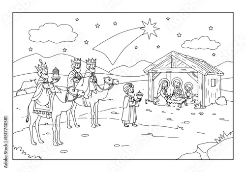 The three wise men journey to Bethlehem in a coloring book style