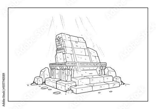 Detailed black and white illustration of ancient temple ruins fo