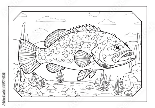 Detailed Grouper Fish Illustration for Coloring Book with Aquati