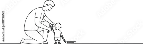 Vector Illustration Father Helping Child, Line Art