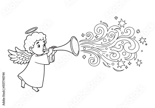 Angel with halo blowing trumpet spreading heavenly music illustr