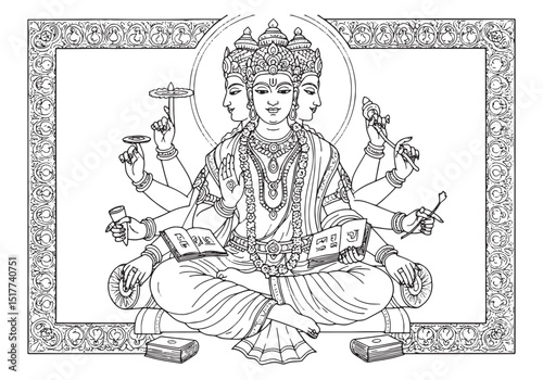 Detailed black and white illustration of Brahma for coloring boo