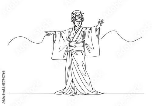 Elegant kabuki performer in kimono, continuous line drawing art