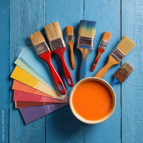 Paint brushes, color swatches, and paint
