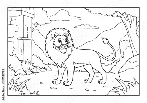 Majestic Lion in Natural Habitat Coloring Page for Kids and Adul