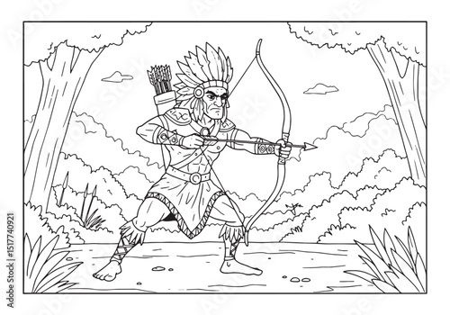 Detailed coloring page of a male Amazon Warrior with bow and arr