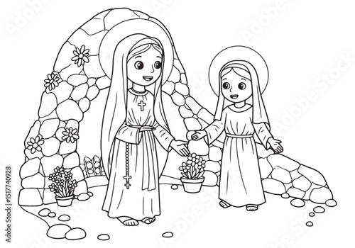 Illustration of Our Lady of Lourdes and Saint Bernadette Colorin