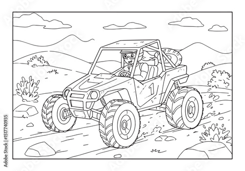 Female off-road racer driving buggy coloring page in black and w