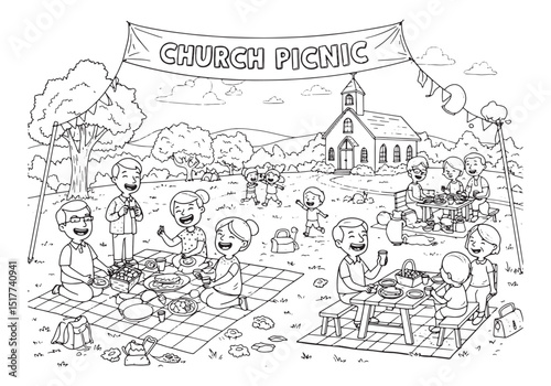 Delightful church picnic coloring page with family gathering and