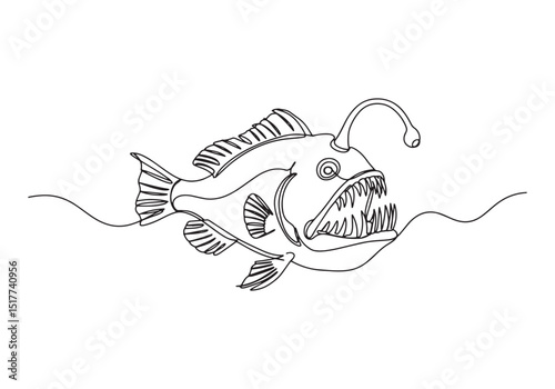Anglerfish Deep Sea Predator, Continuous Line Drawing Illustrati