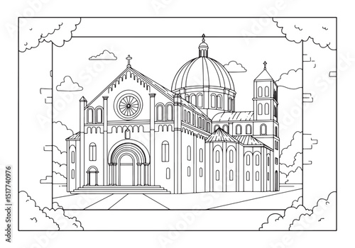 Detailed Line Art of a Basilica for Coloring Book Enthusiasts