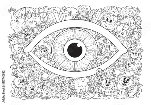 Intricate coloring book page with an eye amidst whimsical creatu