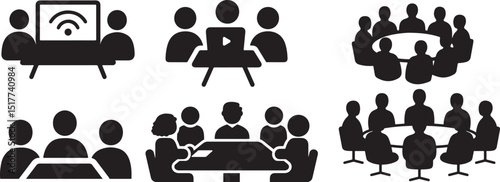Simple black and white silhouette illustration of a virtual meeting.