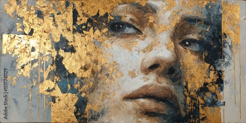 Stunning abstract portrait blending human expression with golden textures in a deep space background