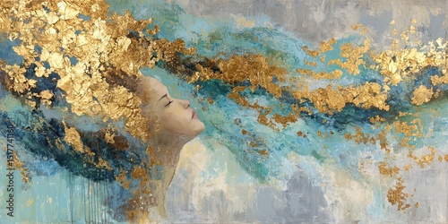 Abstract depiction of serenity and harmony in a cosmic landscape with golden accents and flowing colors
