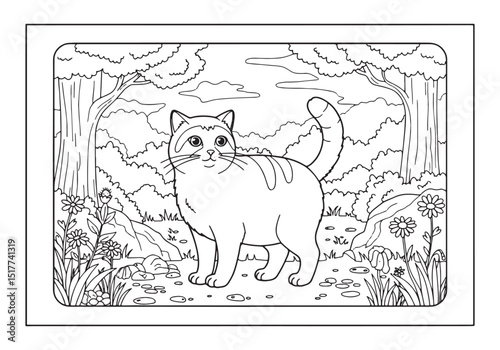 Adorable Japanese Bobtail Cat in Nature Coloring Page Illustrati