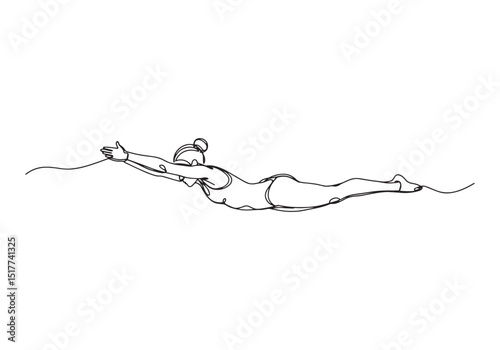 Elegant continuous line drawing of a female athlete swimming und