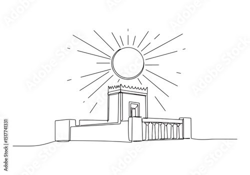 Minimalist continuous line drawing of Solomon's Temple with radi