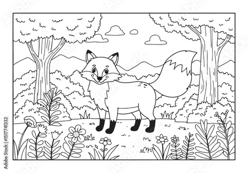 Adorable Red Fox in a Forest Clearing, A Black and White Colorin